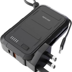 Porodo 10000mAh Wall Charger Power Bank Type-C USB A Ports, Integrated Type-C & Lightning Head Cables, UK plug, PD 20W, 22.5W Fast Charge, Simultaneous Charging, Lightweight - Black