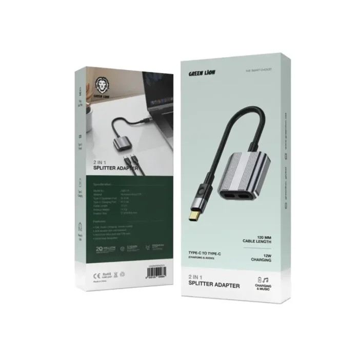 Green Lion 2 In 1 Splitter Adapter Type-C to Dual Type-C - Gray