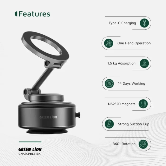 Green Lion GX-31 Auto Suction Phone Holder - Matte Black (4)