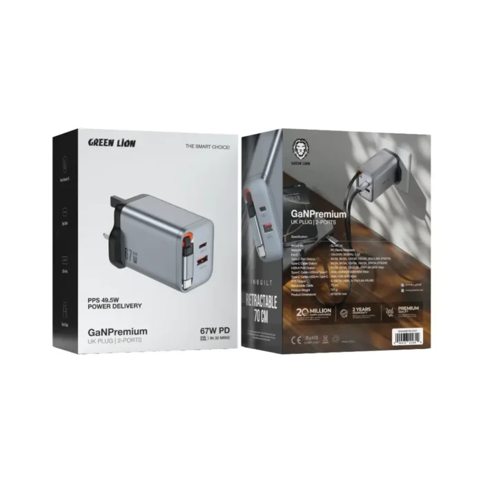 Green Lion GaN Premium UK Plug Wall Charger - Gray