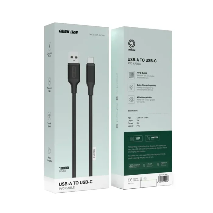 Green Lion USB-A to USB-C PVC Cable 2M - Black
