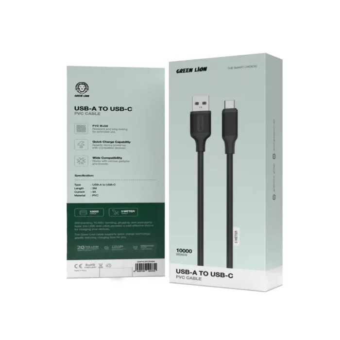 Green Lion USB-A to USB-C PVC Cable 3M - Black