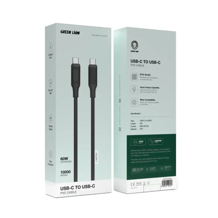 Green Lion USB-C to USB-C PVC Cable 2M - Black