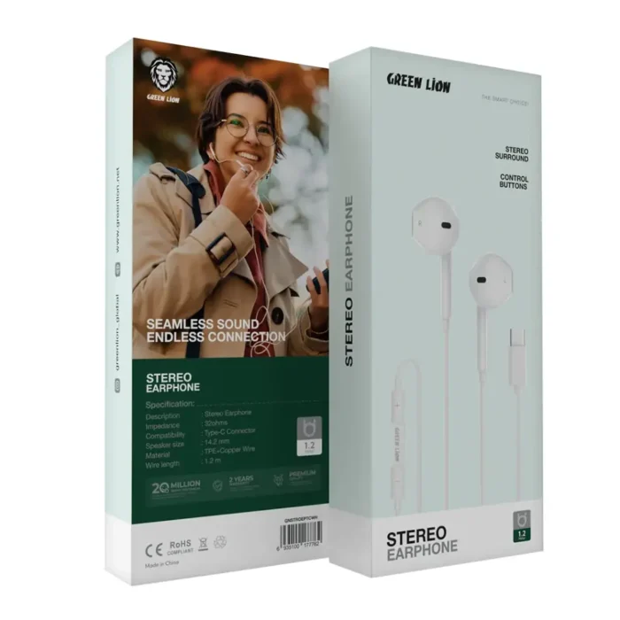 Green Lion Wired Stereo Earphones with Type-C Connector - White (1)