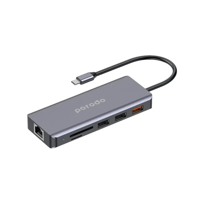 [PD-91CHB-GY] Porodo 9in1 USB-C Hub Type-C PD 100W HDMI Ethernet USB SD Card 3.5mm Aux - Gray