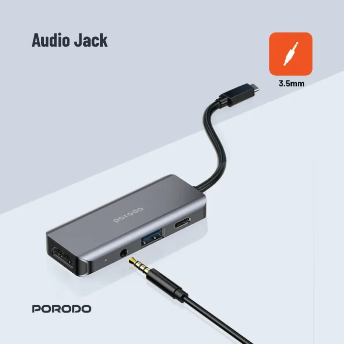 Porodo 4in1 USB-C Hub Type-C PD 100W HDMI USB 3.5mm Aux - Grey (3)