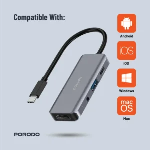 Porodo 4in1 USB-C Hub Type-C PD 100W HDMI USB 3.5mm Aux - Grey