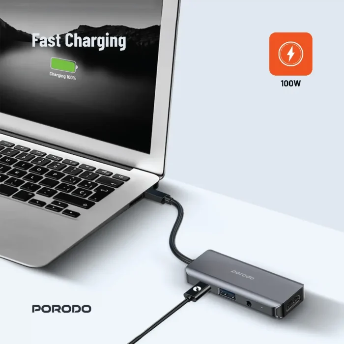 Porodo 4in1 USB-C Hub Type-C PD 100W HDMI USB 3.5mm Aux - Grey (4)